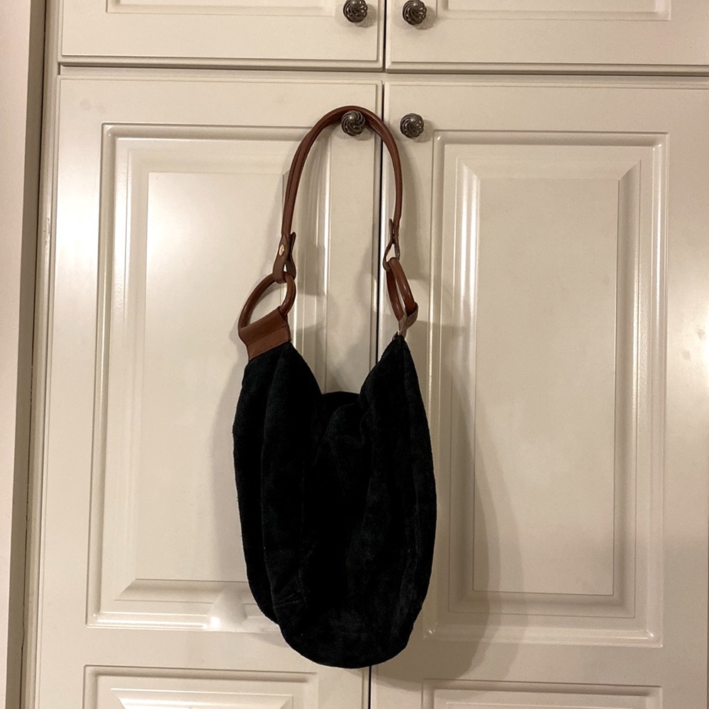 Black and brown leather straps suede hobo bag